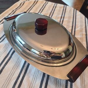 Silver Oval Serving Dish with Red Bakelite Accents